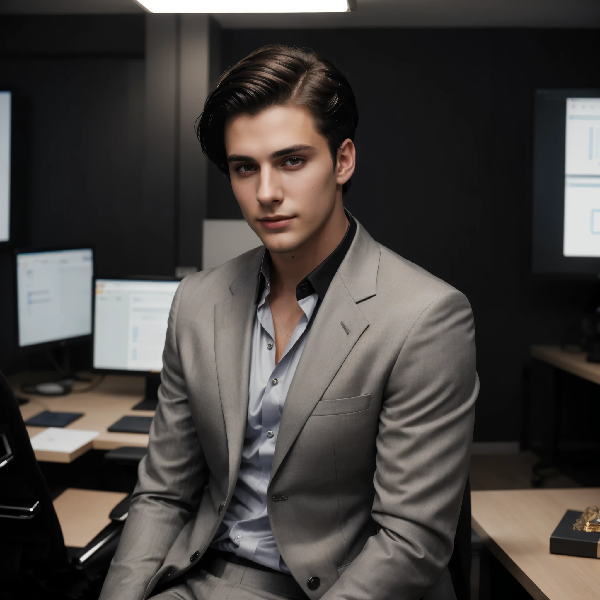 A photorealistic handsome 23-year-old man with extraordinary appearance, trendy short black hair, wearing a luxurious business suit, professional makeup, well-highlighted face, resembling a Hollywood actress, hacker office room background with strange lighting, resembles photo Sony 7000D, dramatic lighting, high definition, depth of field