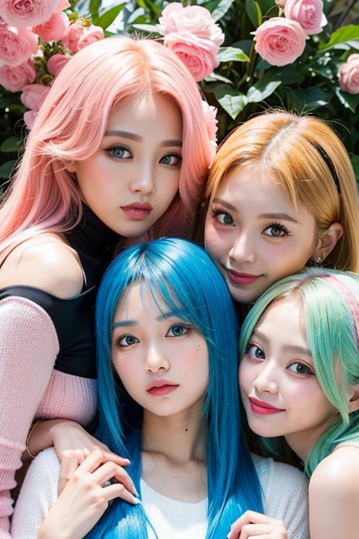 create a three girl group member , first member is from malaysia , the center,with her stunning blonde hair and almond shaped eyes really embracing the malay looks , second member is from korea , her pink hair really make her look fresh and korea look , third member is from indonesia , with blue hair , her authentic javanese blood really embracing