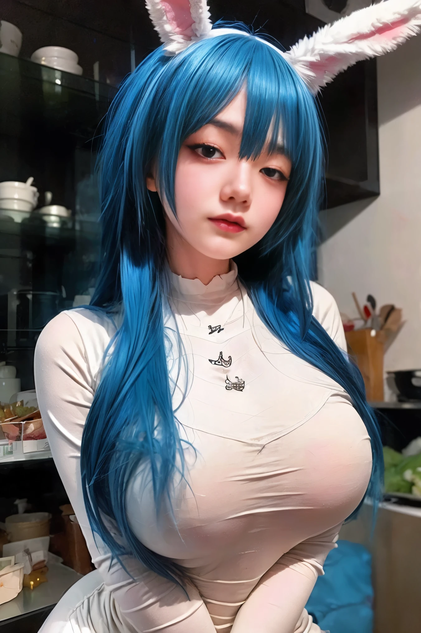 anime girl with blue hair and bunny ears posing in a kitchen, beautiful blue haired girl, seductive anime girl, beautiful anime girl, detailed digital anime art, anime style 4 k, pretty girl with blue hair, attractive anime girl, girl with blue hair, anime girl, pretty anime girl, cute anime girl, beautiful anime woman, beautiful alluring anime woman