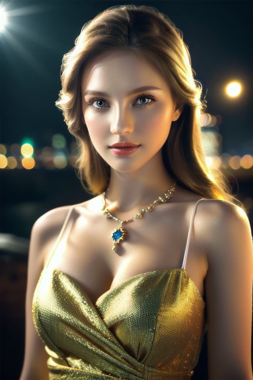 a beautiful russian woman in her 20s, light brown hair, fine white skin, attractive face, tight waist, cleavage, wearing stylish clothes and necklace, detailed eyes, nose, lips, long eyelashes, perfectly balanced body, rough hairstyle, (best quality,8k,highres,masterpiece:1.2),ultra-detailed,(realistic,photorealistic,photo-realistic:1.37),HDR,UHD,studio lighting,ultra-fine painting,sharp focus,physically-based rendering,extreme detail description,professional,vivid colors,bokeh,portrait,beautiful night scenery