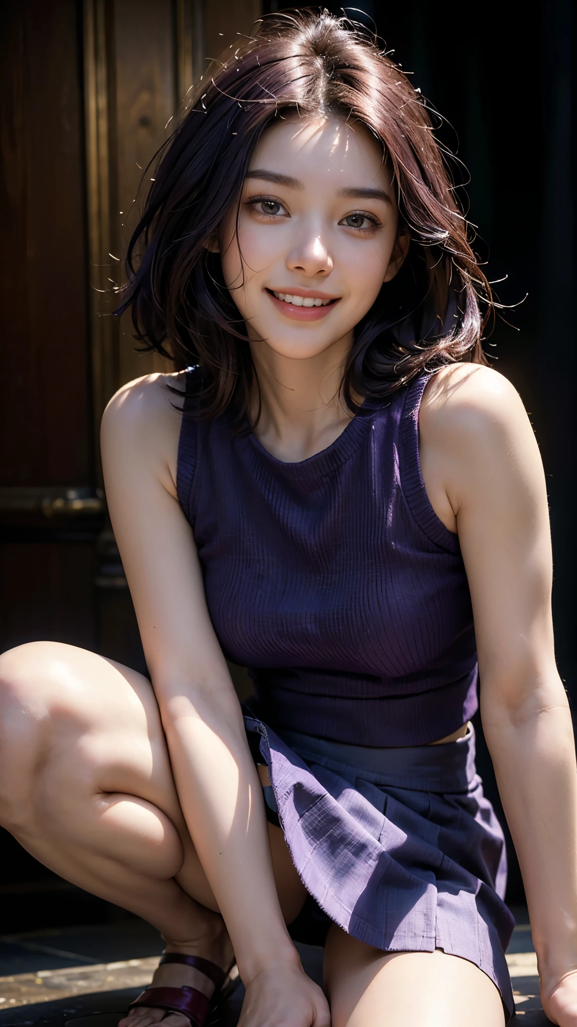 highest quality, masterpiece, Ultra-high resolution,(((Face Focus:1.6))) (Realistic:1.6), (Portrait of a man kneeling with his legs spread apart) RAW Photos, 1 girl, 24-years-old,((Mini skirt high)),((Short Dark Purple Hair)),,((Portrait facing the viewer)),Realistic,((background)), Image Media Chest)),((Smiling with teeth showing)),