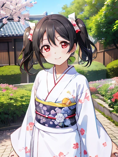 highest quality、yazawa nico,very detailed,three-dimensional sense、Front view, one side up, twin tails,A sloppy smile、Hands on the sides、 (red eyes:1.3)closed mouth, ribbon、Taisho period in Japan、White color kimono、outside of hakama、garden、real,1 girl、Beautiful flowers々Garden in full bloom、arms on both sides、White Hakama、Kimono、absolute reference to center, image quality, (muste piece:1.2), best quality, cowboy shot、very detailedな顔, perfect writing, very detailedなCG, (perfect hands, perfect anatomy:1.2),