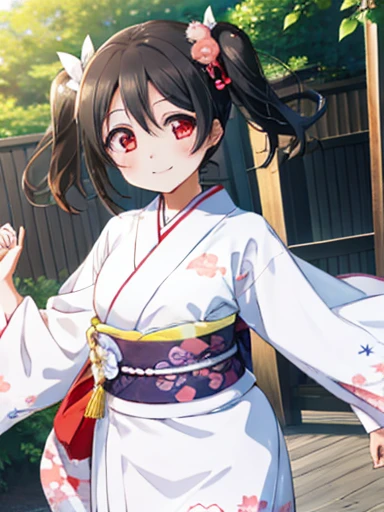 highest quality、yazawa nico,very detailed,three-dimensional sense、Front view, one side up, twin tails,A sloppy smile、Hands on the sides、 (red eyes:1.3)closed mouth, ribbon、Taisho period in Japan、White color kimono、outside of hakama、garden、real,1 girl、Beautiful flowers々Garden in full bloom、arms on both sides、White Hakama、Kimono、absolute reference to center, image quality, (muste piece:1.2), best quality, cowboy shot、very detailedな顔, perfect writing, very detailedなCG, (perfect hands, perfect anatomy:1.2),