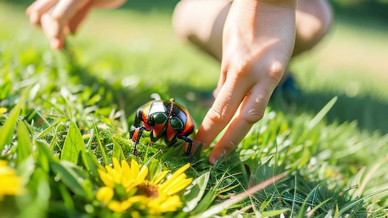 Children playing with beautiful beetles in the grassland、Children playing with beautiful beetles in the grassland、Colorful Mushiking