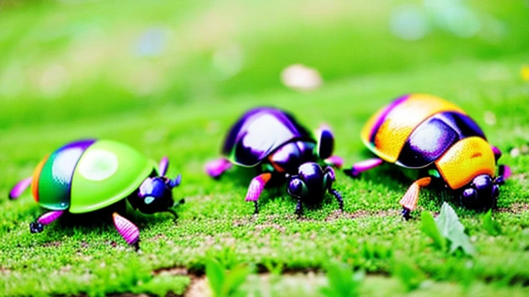 Children playing with beautiful beetles in the grassland、Children playing with beautiful beetles in the grassland、Colorful Mushiking