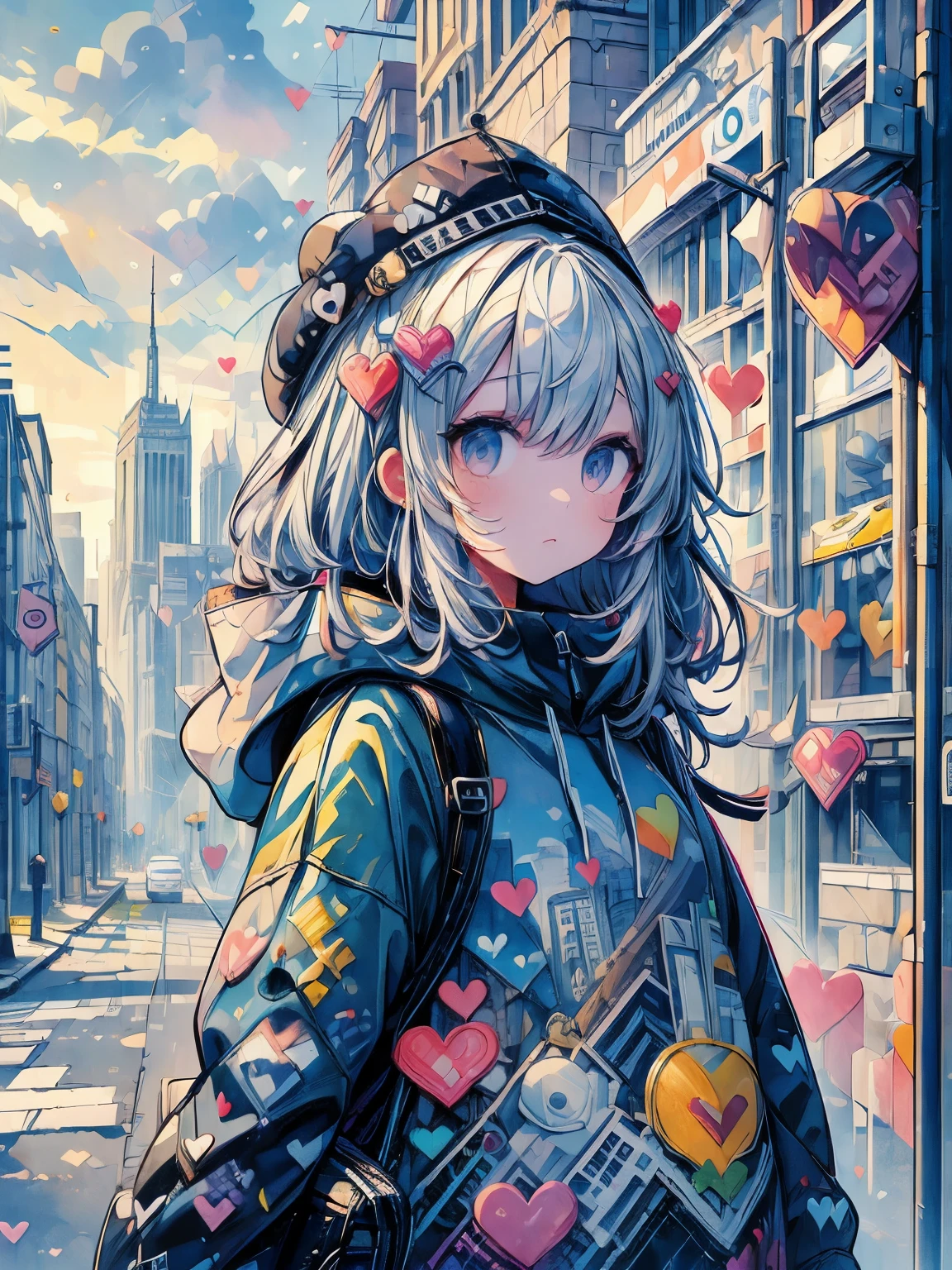 ((((masterpiece)))), highest quality, very_expensive_solve, big_file size, Full Color, Gentle expression, Heart Eyes, 1 girl, Background heart cityscape, Street Style, Oversized hoodie, Landscape angle, Looking at this, watercolor