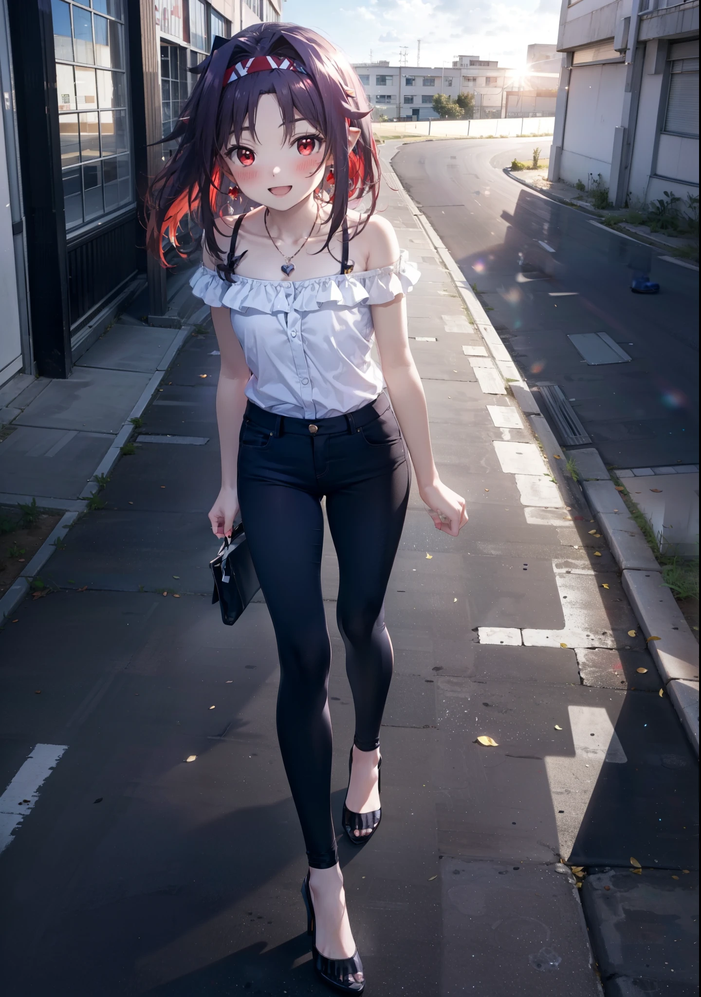 yuukikonno, Konno Yuuki, hair band, Long Hair, Pointed Ears, Purple Hair, (Red eyes:1.5), (Small breasts:1.2), blush,happy smile, smile, Open your mouth,Purple cold shoulder tops,Short sleeve,skinny pants,Stiletto heels,Heart-shaped necklace,Sunset,evening,The sun is setting,whole bodyがイラストに入るように,Looking down from above, Walking,break looking at viewer, whole body, break outdoors, School,courtyard, break (masterpiece:1.2), highest quality, High resolution, unity 8k wallpaper, (shape:0.8), (Fine and beautiful eyes:1.6), Highly detailed face, Perfect lighting, Highly detailed CG, (Perfect hands, Perfect Anatomy),
