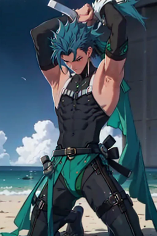 Tied up　Fight　masterpiece　male　Kneel　Raised arms　Embarrassing　Emerald Hair　Swimwear　Blue Hair　tights