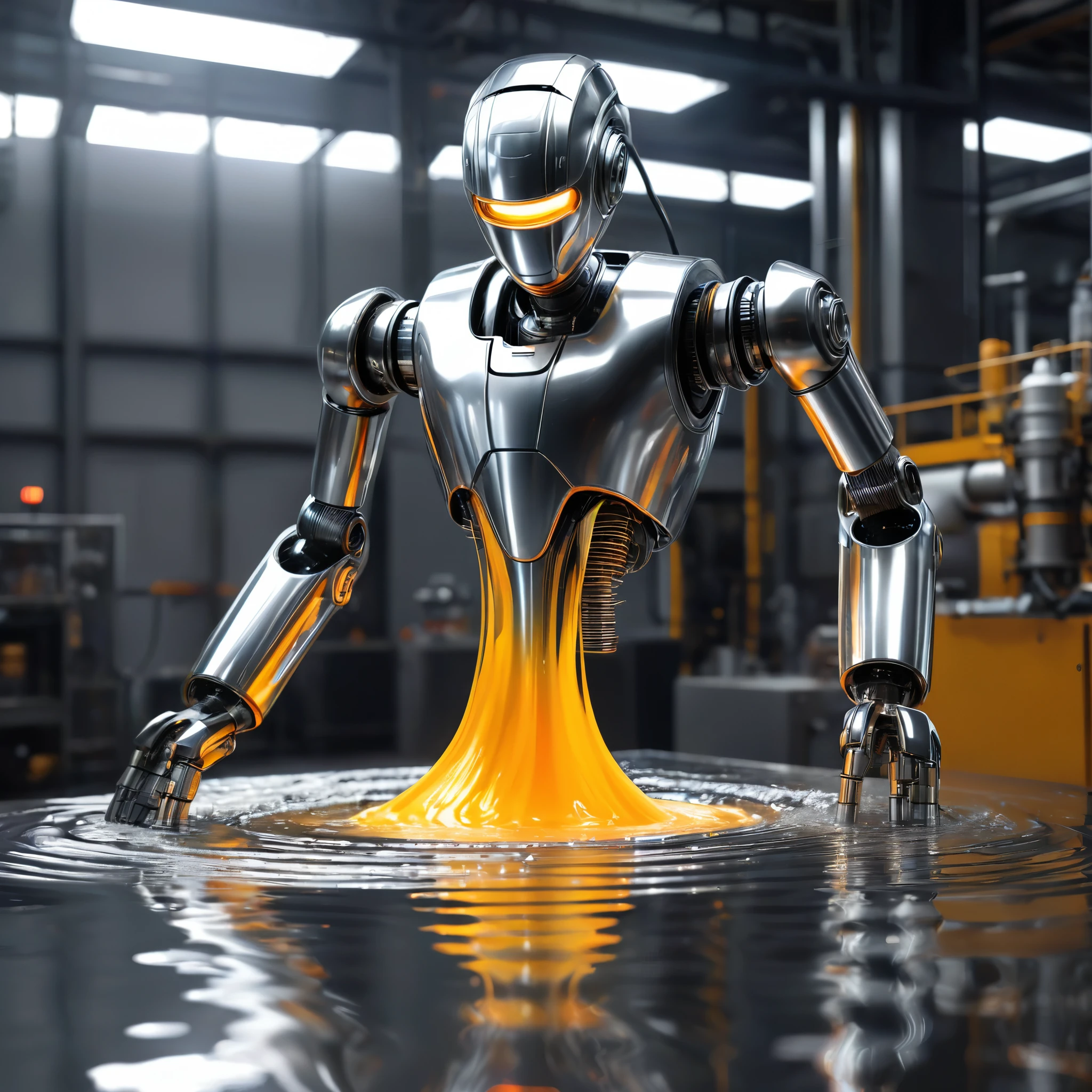 (1robot made of liquid metal),Draw a scene of liquid metal slowly flowing out of a high-temperature furnace, paying special attention to the fluidity of the metal. Show the dynamic process of how it transitions from solid to liquid and smoothly pours into the mold. Please capture the ripples, ripples, and possible sputtering details of liquid metal, including fluidity, gloss, reflection, interaction with other substances, abstract artistic images, temperature changes, state changes, color, gloss gradients, and fluidity gradients, (masterpiece, best quality:1.2),8K, extremly detailed