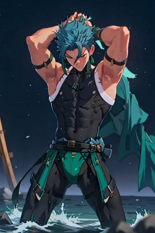 Tied up Fight masterpiece male Kneel Raised arms Embarrassing Emerald Hair Swimwear Blue Hair tights Wet