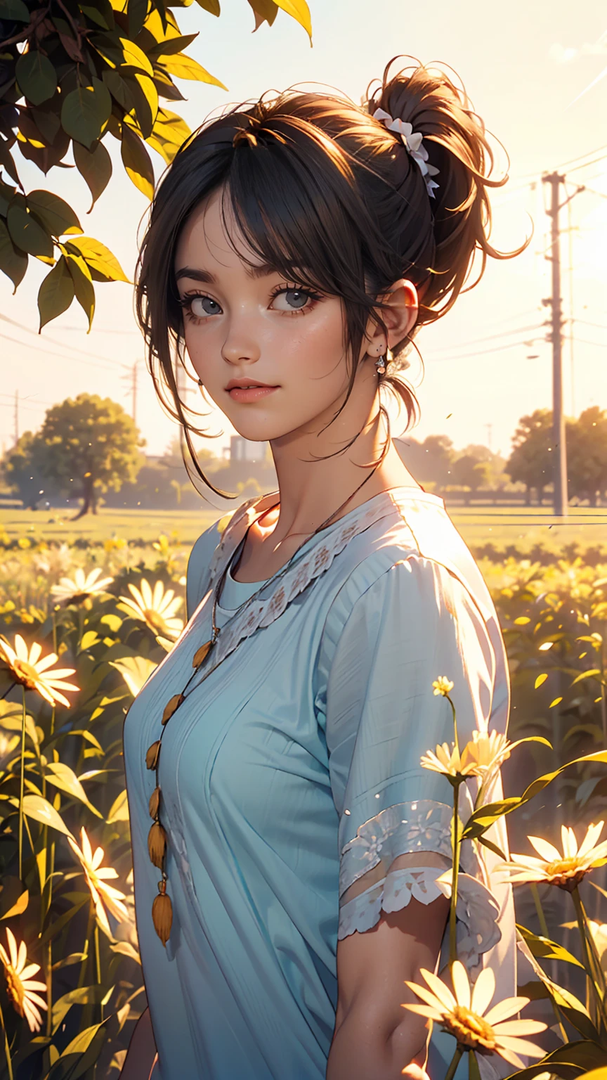 (zh-CN) Farmland, Morning Dew, Sunlit wheat field, Leisurely blooming dandelion, (1 female), Smiling in the bright sun, Wearing light cotton clothing, Blue Shirt, Gentle and natural、Hair that hides one eye((hair over one eye))、Side Ponytail((side ponytail))