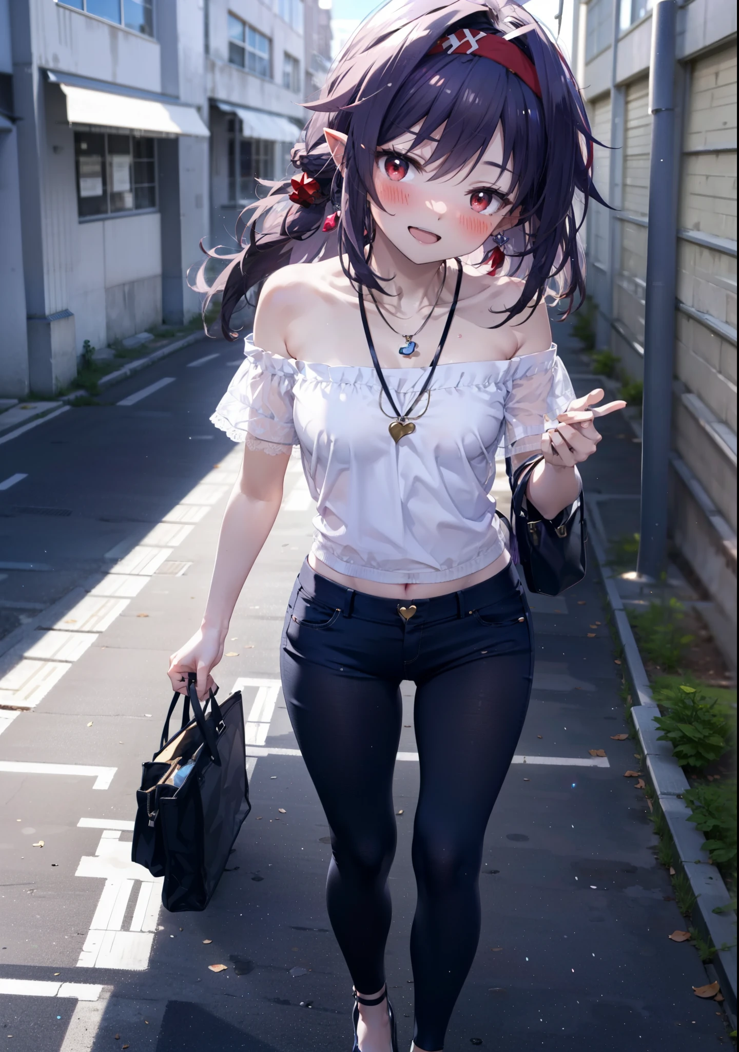 yuukikonno, Konno Yuuki, hair band, Long Hair, Pointed Ears, Purple Hair, (Red eyes:1.5), (Small breasts:1.2), blush,happy smile, smile, Open your mouth,Purple cold shoulder tops,Short sleeve,skinny pants,Stiletto heels,Heart-shaped necklace,Sunset,evening,The sun is setting,whole bodyがイラストに入るように,Looking down from above, Walking,break looking at viewer, whole body, break outdoors, School,courtyard, break (masterpiece:1.2), highest quality, High resolution, unity 8k wallpaper, (shape:0.8), (Fine and beautiful eyes:1.6), Highly detailed face, Perfect lighting, Highly detailed CG, (Perfect hands, Perfect Anatomy),