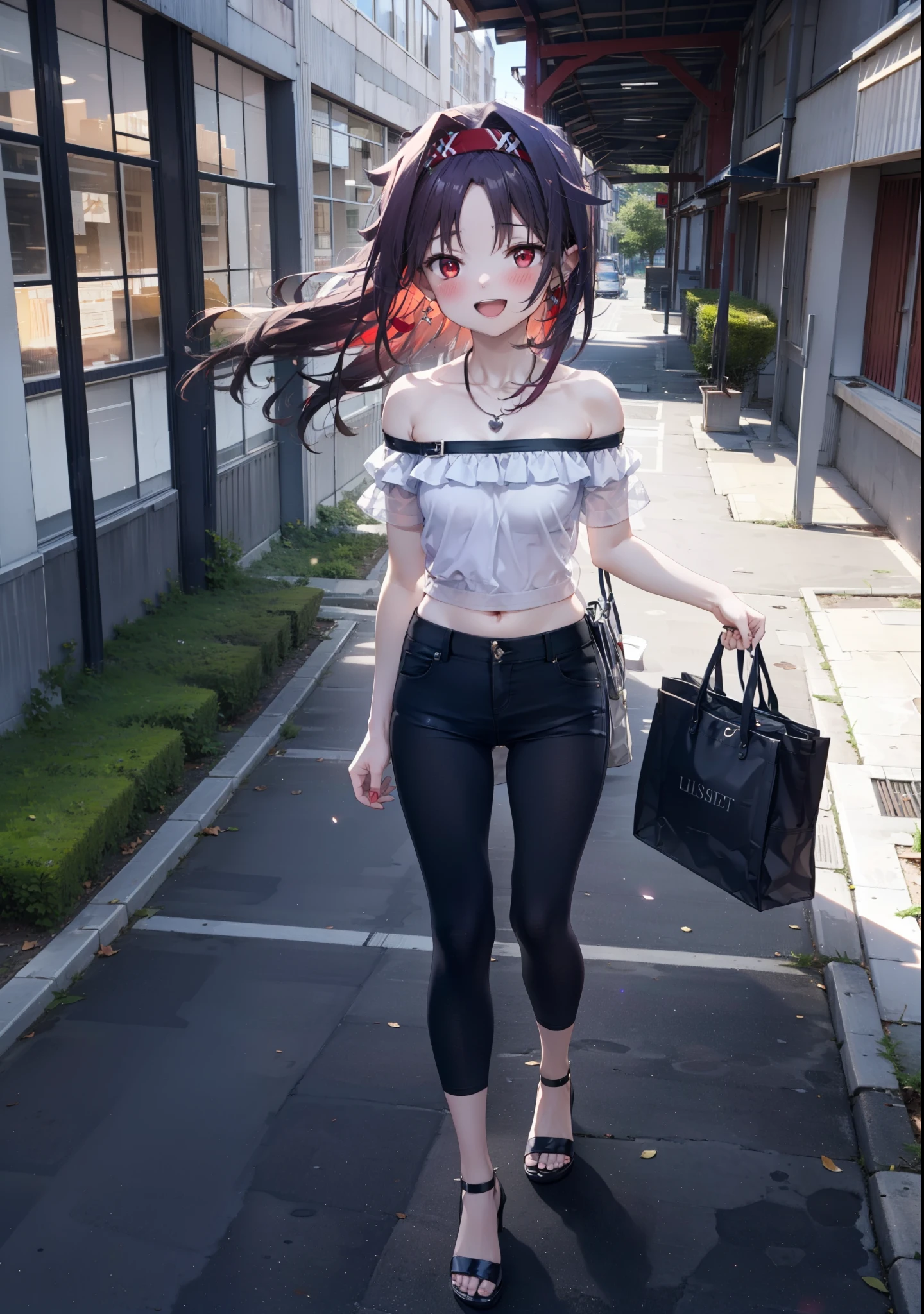 yuukikonno, Konno Yuuki, hair band, Long Hair, Pointed Ears, Purple Hair, (Red eyes:1.5), (Small breasts:1.2), blush,happy smile, smile, Open your mouth,Purple cold shoulder tops,Short sleeve,skinny pants,Stiletto heels,Heart-shaped necklace,Sunset,evening,The sun is setting,whole bodyがイラストに入るように,Looking down from above, Walking,break looking at viewer, whole body, break outdoors, School,courtyard, break (masterpiece:1.2), highest quality, High resolution, unity 8k wallpaper, (shape:0.8), (Fine and beautiful eyes:1.6), Highly detailed face, Perfect lighting, Highly detailed CG, (Perfect hands, Perfect Anatomy),