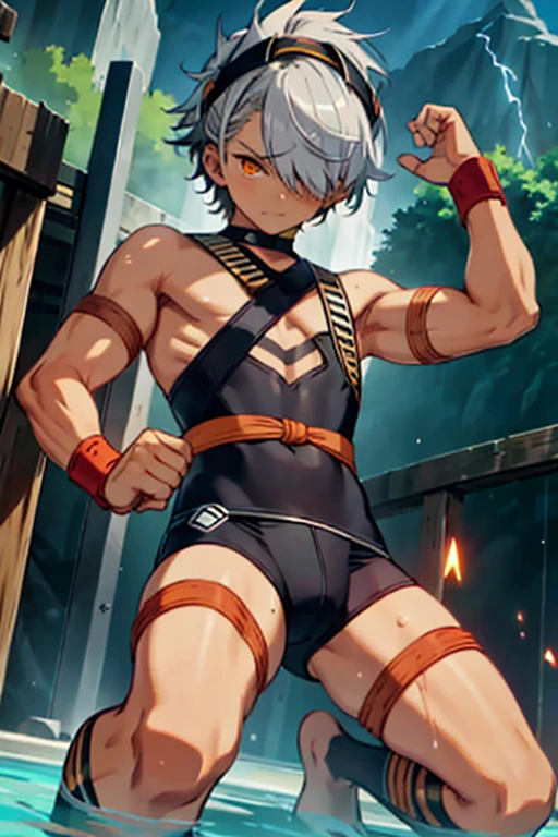 Tied up　Fight　masterpiece　juvenile　thin　male　Kneel　Raised arms　thin体　Embarrassing　Gray Hair　Orange Eyes　tights　Hair to shoulders　Electricity all around　Get wet　Big eyes　Hair falling over one eye　Swimwear　Are thin　Slender