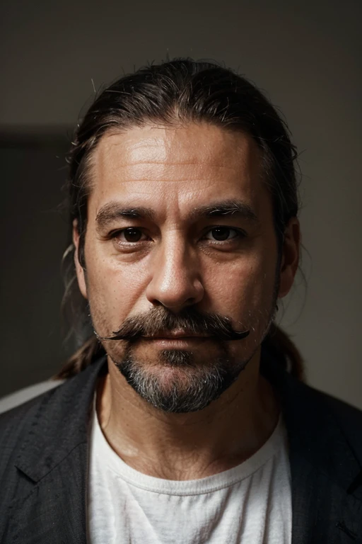 Create an artistic portrait of a 45-year-old man with his hair in a ponytail. The man has a medium-length beard and mustache with a mix of black and grey-white hairs. Capture the essence of his creative spirit and professional demeanor. The setting should be modern yet understated, with soft, natural lighting that highlights his facial features and expressions. The background should be blurred to keep the focus on the man, emphasizing his thoughtful and introspective nature. The portrait should convey a sense of wisdom and experience, suitable for a creative branding designer and strategist.