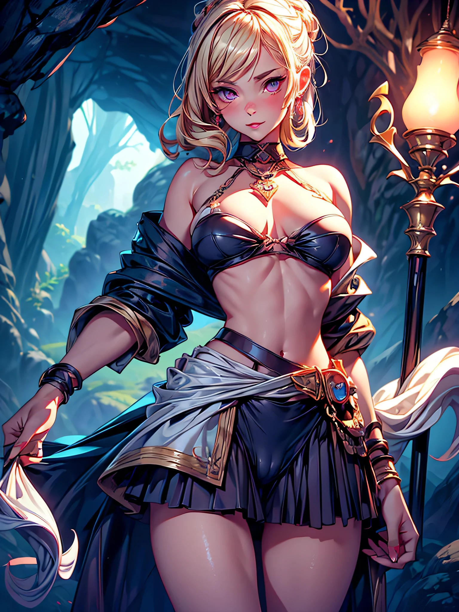 nsfw,Master piece,best quality,ultra-detailed,high resolution,octane render,vndvalkyrie,blonde hair,shining hair,(1 girl),beautiful girl,beautiful mature face,panty shot, ((detailed cameltoe)),white side-tie panties,garter belt,bare shoulders,seductive young woman,female focus,beautiful breasts,full body,(perfect body),standing,(dark purple Cut-Out Bikini with Crimson micro skirt),((see through)),midriff peek,black Choker with chains and Midi Ring,(blonde single braid),big bright green eyes, glowing eyes,(beautiful detailed eyes),cute,cool,pale skin,faint lips,seductive and confident smile,open mouth,(hair, realistic:1),stand,holding_weapon,silver Halberd,open legs,girl trembling with sexual climax,pussy juice stain,shy,Blushing face,fantasy,sweat,steam,(in cave with tentacles)