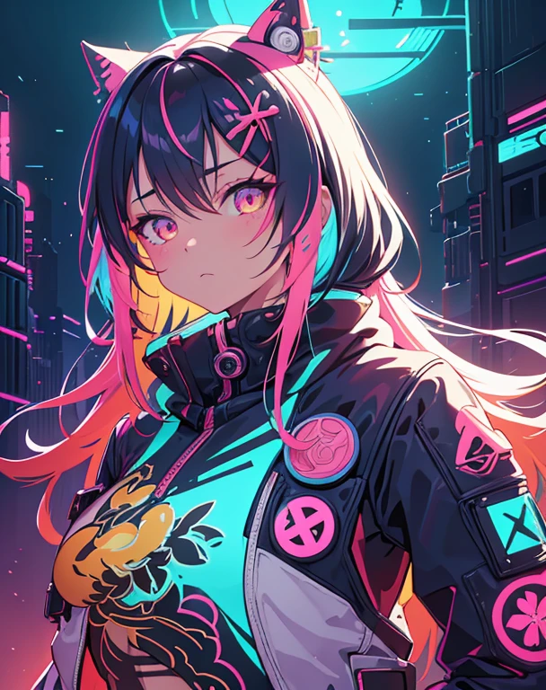 kawaii style {style Detailed body painting beautiful neon operator tanned woman, cyberpunk futuristic neon, reflective puffy coat, decorated with traditional japanese ornaments by ismail inceoglu dragan bibin hans thoma greg rutkowski alexandros pyromallis nekro rene maritte illustrated, perfect face, fine details,} . cute, adorable, brightly colored, cheerful, anime influence, highly detailed