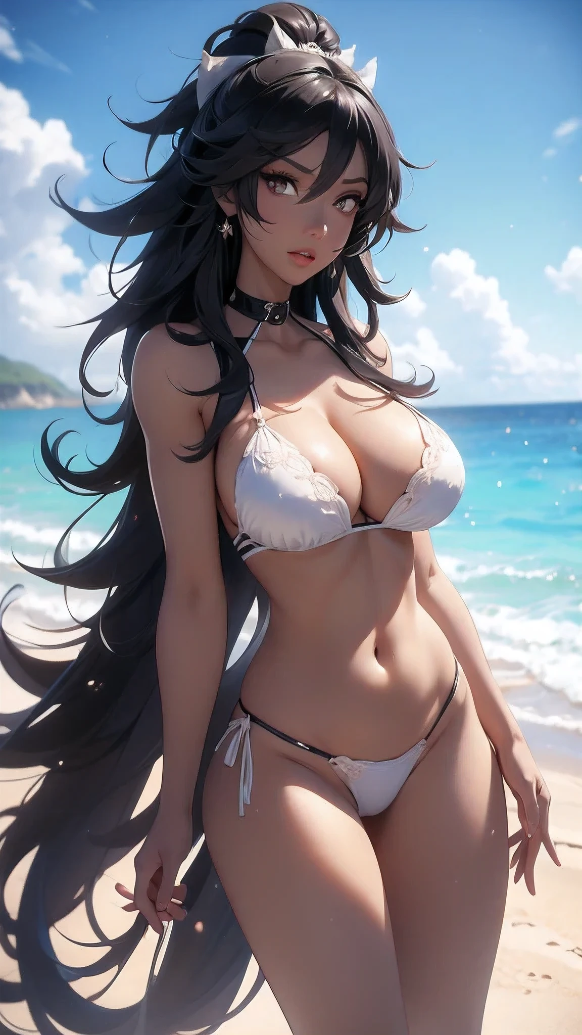 Yoruichi, nue (huge ), cheveux blancs, Haut du corps, abdos, symmetrical round , deserted beach, gros seins, gigantesque seins, 4K ultra UHD, mains parfaites, cing doigts, yeux parfaits,  dentelle rouge