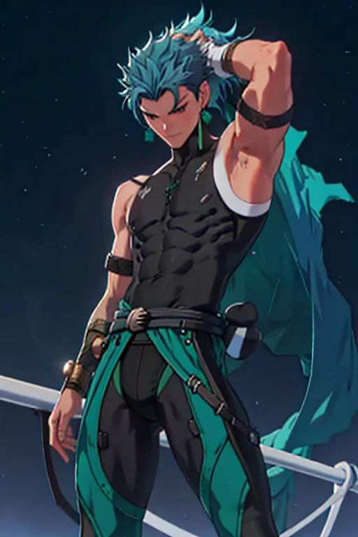 Tied up　Fight　masterpiece　male　Kneel　Raised arms　Embarrassing　Emerald Hair　Swimwear　Blue Hair　tights　Wet　back