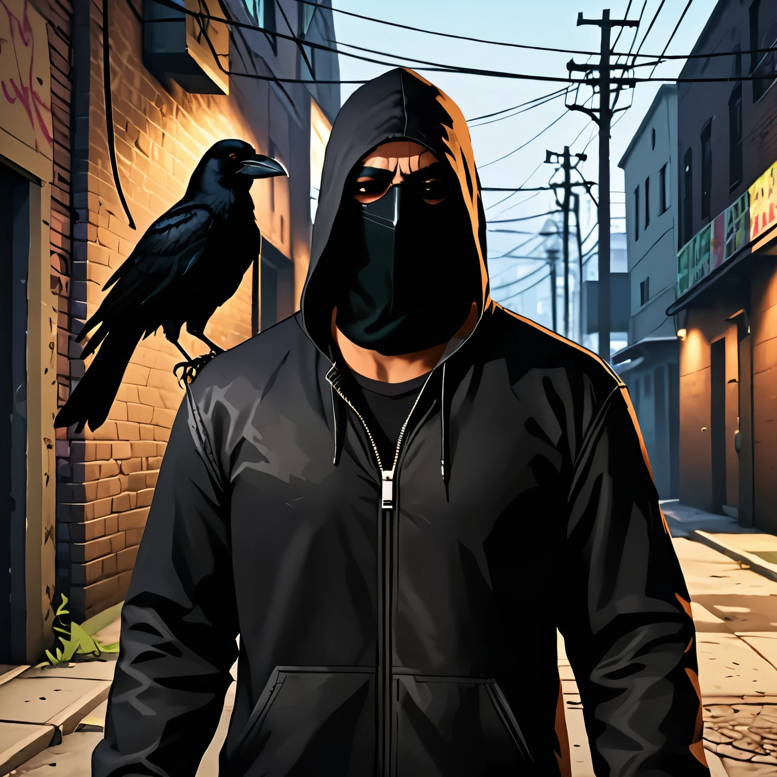 A mysterious man with a black mask that covers his entire face and a CROW on his shoulder, in a dark alley ,style grand theft auto, PORTAIRT HD