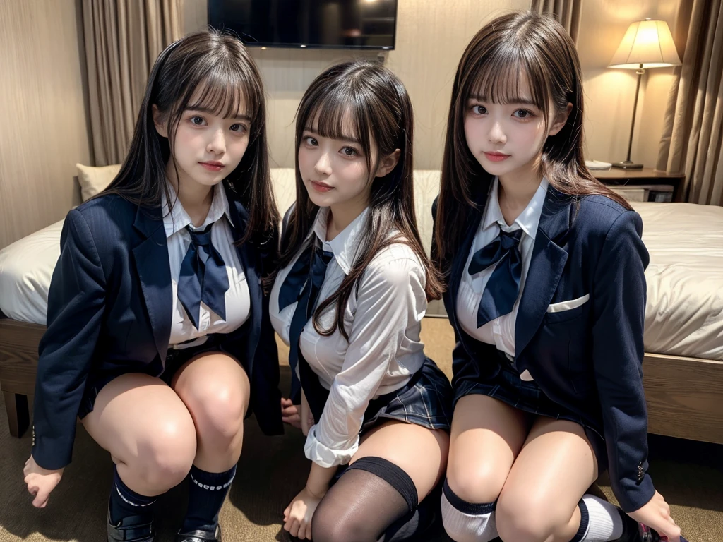 (8K, Raw photography, top-quality, masterpiece:1.2), master piece, best quality, illustration, Super detailed, fine details, High resolution, 8K,wall paper, perfect dynamic composition,(Details High quality, realistic depiction of eyes:1.3), ((2 girls, 2 schoolgirls)), The background is a luxury hotel room、High school girl uniform、blazer 、Super Short Check Uniform Skirt、Navy blue high socks、garterbelts、Colossal tits、Disturbed uniform, Play with each other,Touching each other's bodies,Touching the body of the girl next door, short bob hair, black hair color, huge breasts, Big Natural Color Lip, bold sexy pose, (perfect body shape), crying a little、cold gaze, Beautiful makeup,glitter makeup,Cutest 18 years old, beautiful legs, hposing Gravure Idol, Voluptuous thighs