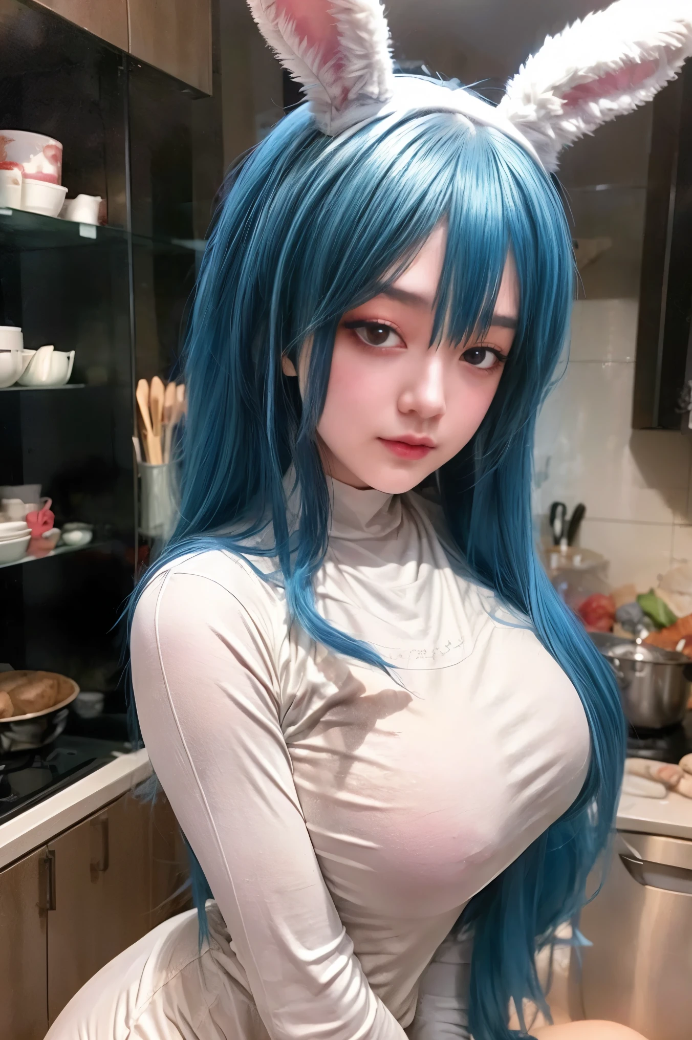 anime girl with blue hair and bunny ears posing in a kitchen, beautiful blue haired girl, seductive anime girl, beautiful anime girl, detailed digital anime art, anime style 4 k, pretty girl with blue hair, attractive anime girl, girl with blue hair, anime girl, pretty anime girl, cute anime girl, beautiful anime woman, beautiful alluring anime woman