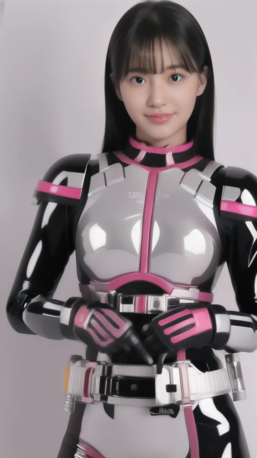 25 year old woman wearing a sexy dark pink and white glossy skin-tight protective gear:1.8, highest quality, High resolution, 8k, One girl, Big Breasts :1.5, (bangs,Black Hair,Shortcuts), Shiny skin, View your viewers, smile,:1.5,Show your side:1.8