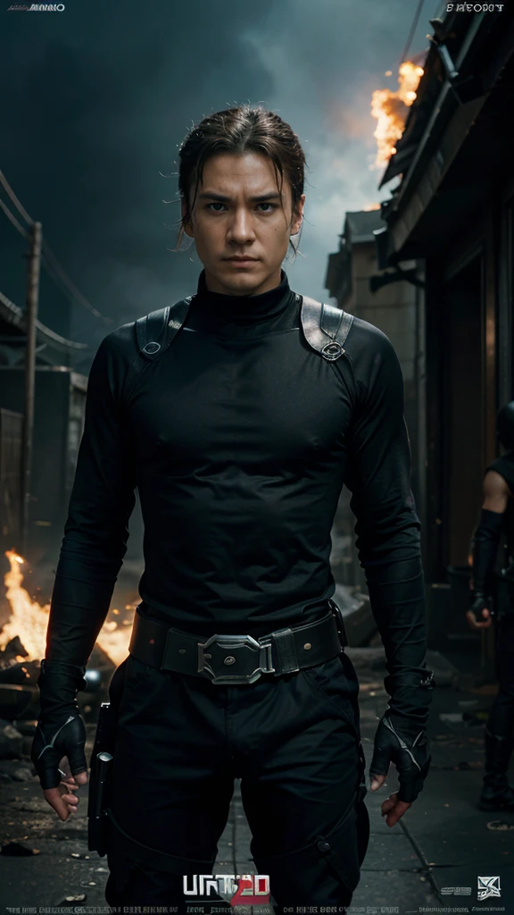 generate a movie poster, poster quality ultra hd, movie about ninja, poster contents the main character, a male ninja facing the camera, with the enemies on the background, including beautiful female character, big title on the bottom of the poster