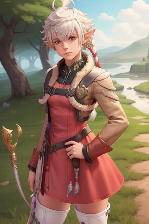 alisaie,1girl,single braid,hair ribbon,brown jacket,red dress,fur trim,belt,thigh boots,(outdoors:1.33),fantasy,landscape,