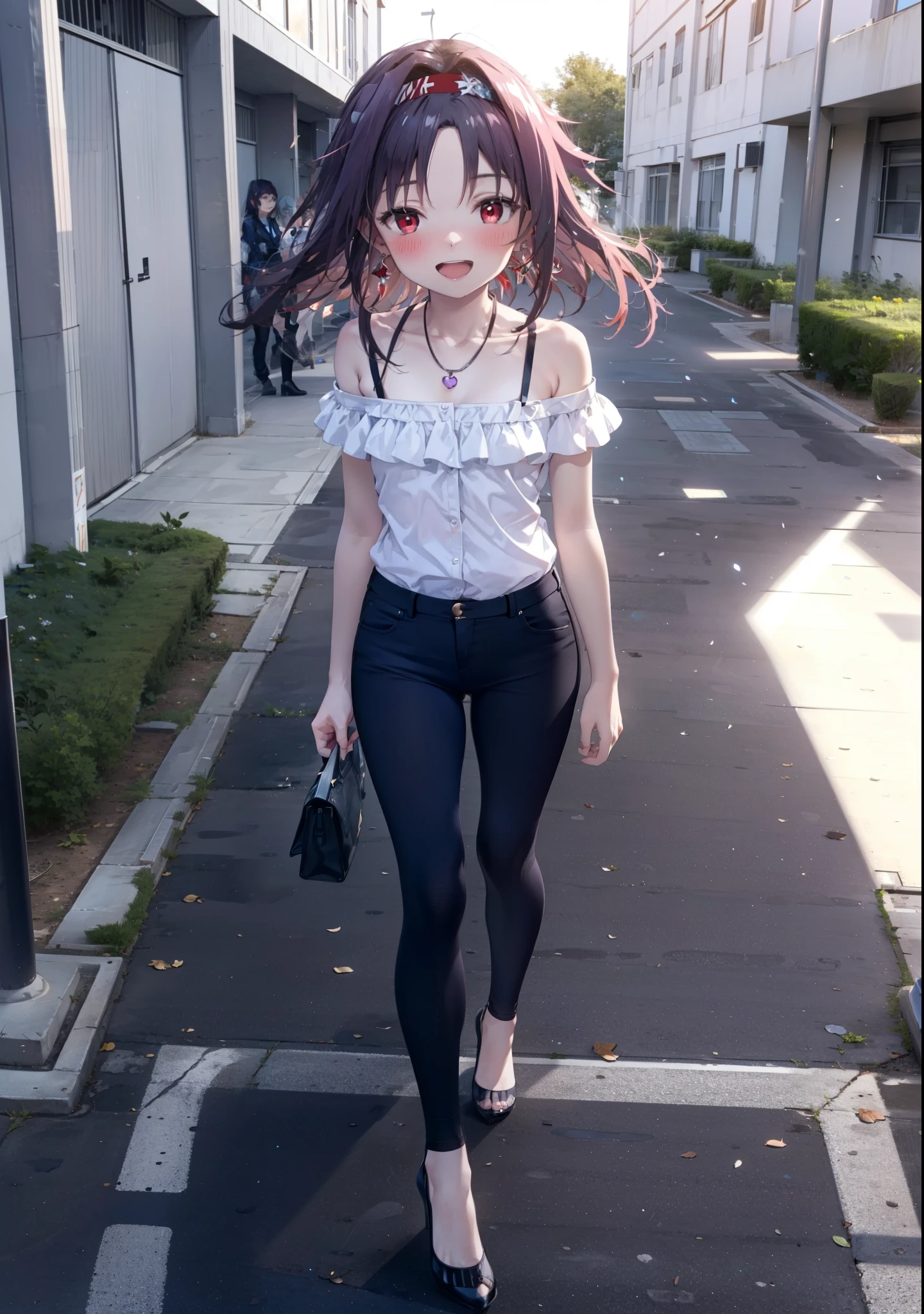 yuukikonno, Konno Yuuki, hair band, Long Hair, Pointed Ears, Purple Hair, (Red eyes:1.5), (Small breasts:1.2), blush,happy smile, smile, Open your mouth,Purple cold shoulder tops,Short sleeve,skinny pants,Stiletto heels,Heart-shaped necklace,Sunset,evening,The sun is setting,whole bodyがイラストに入るように,Looking down from above, Walking,break looking at viewer, whole body, break outdoors, School,courtyard, break (masterpiece:1.2), highest quality, High resolution, unity 8k wallpaper, (shape:0.8), (Fine and beautiful eyes:1.6), Highly detailed face, Perfect lighting, Highly detailed CG, (Perfect hands, Perfect Anatomy),