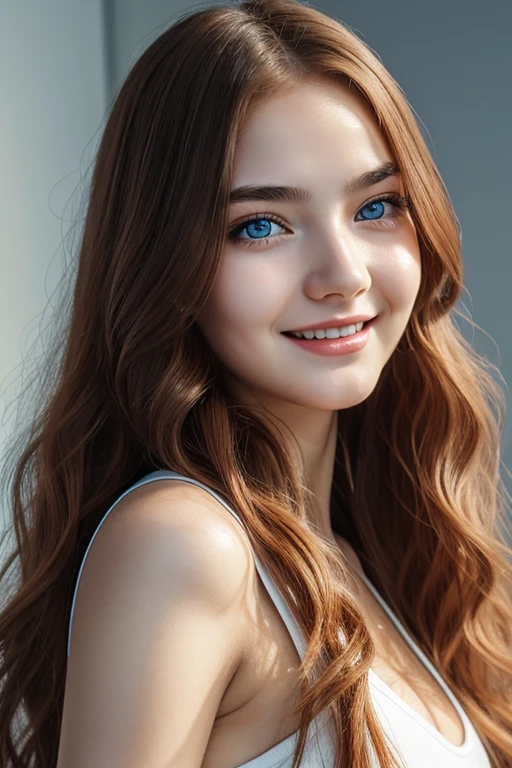 16 years old  girl, beautiful big striking blue eyes, delicate black eyebrows, rosy cheeks, red lips, smiling face very white skin, long wavy orange hair cascading around her face and shoulders, detailed eyelashes, photorealistic cyberpunk style, perfectly focused, creamy smooth complexion, beautifully lit by soft diffused studio lights, extremely fine details, finely textured skin and hair full head to toe photo, wearing sport leggings