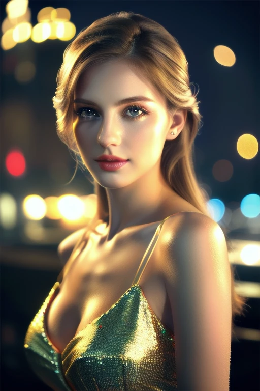 a beautiful russian woman in her 20s, light brown hair, fine white skin, attractive face, tight waist, cleavage,  wearing stylish clothes and necklace,  detailed eyes, nose, lips, long eyelashes, perfectly balanced body, rough hairstyle, (best quality,8k,highres,masterpiece:1.2),ultra-detailed,(realistic,photorealistic,photo-realistic:1.37),HDR,UHD,studio lighting,ultra-fine painting,sharp focus,physically-based rendering,extreme detail description,professional,vivid colors,bokeh,portrait,beautiful night scenery,future city