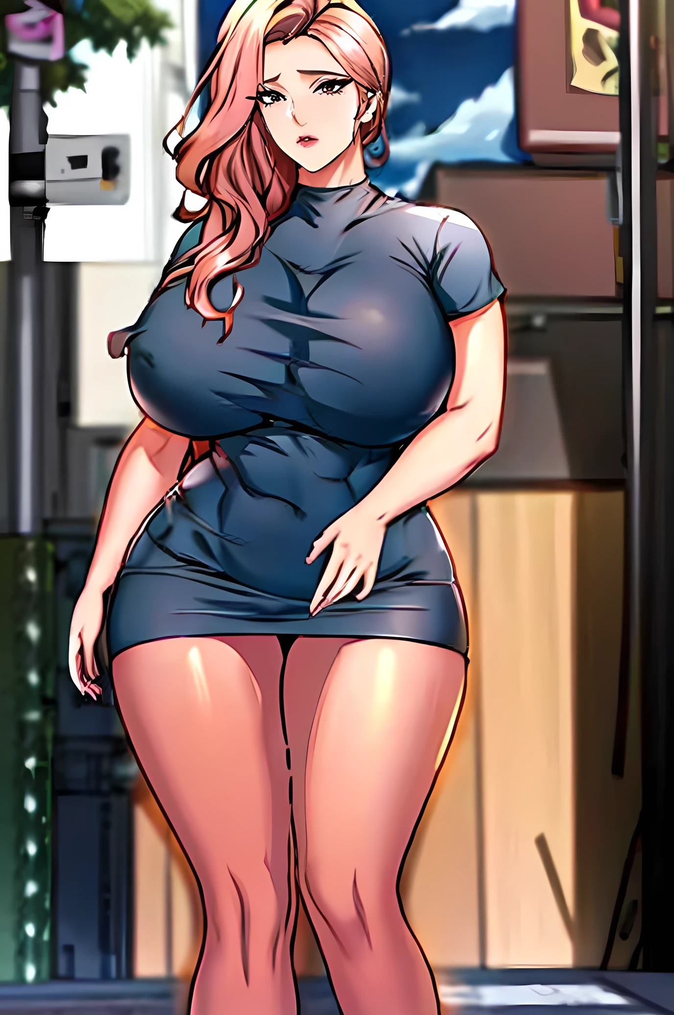 1 girl, black ponytail hair, black eyes, beautiful face, big breasts, curvy body, black sweater shirt, black tights, white sneakers, standing on the street with men, evening