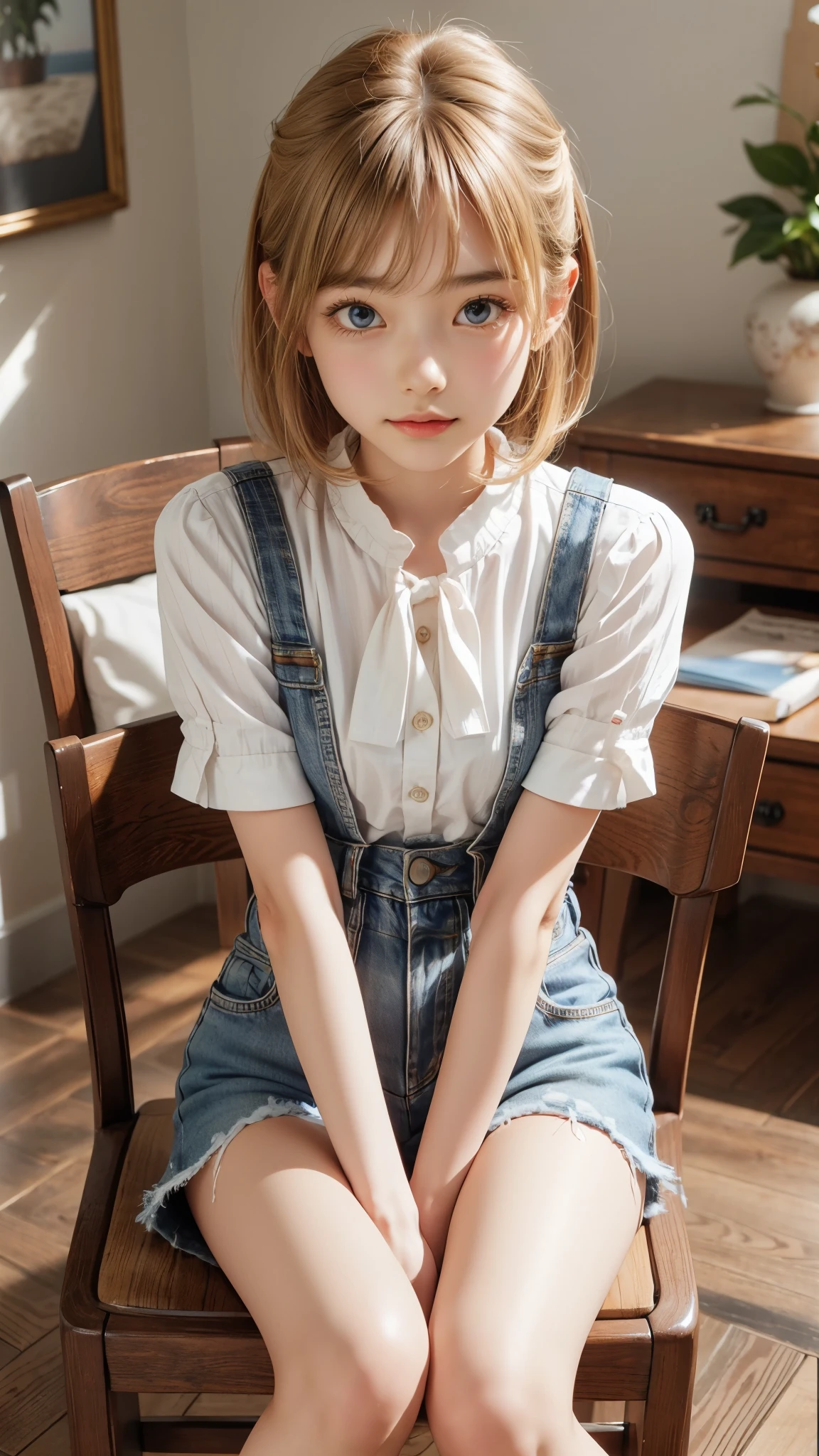 detailed face, cute face, brown eye, master piece , best quality , highly detailed , (matured female) , (chair) , (sitting) , (v arms) , blouse , short denim ,( blond hair)