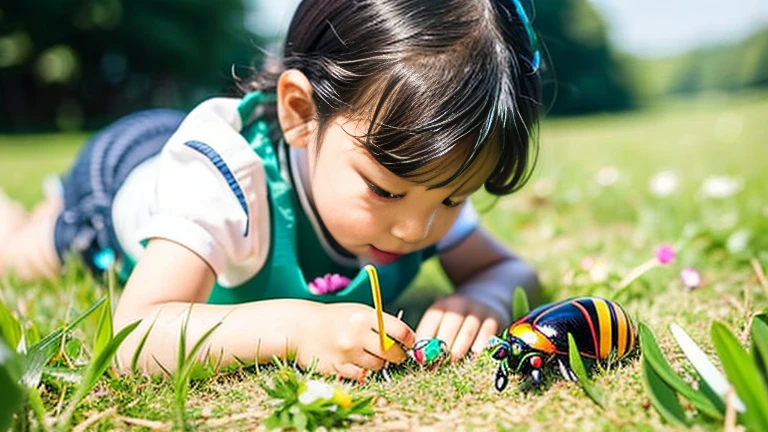 Children playing with beautiful beetles in the grassland、Children playing with beautiful beetles in the grassland、Colorful Mushiking