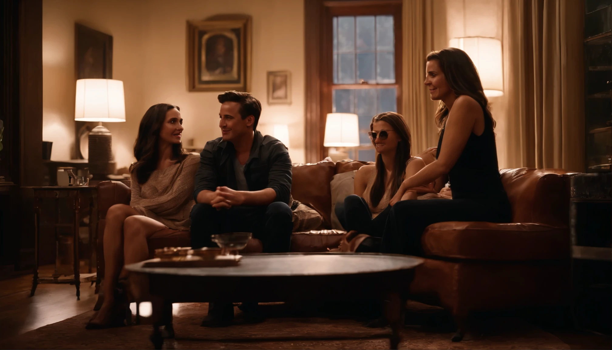 Monica, Joey, Chandler, and Phoebe are sitting on the couch, chatting.