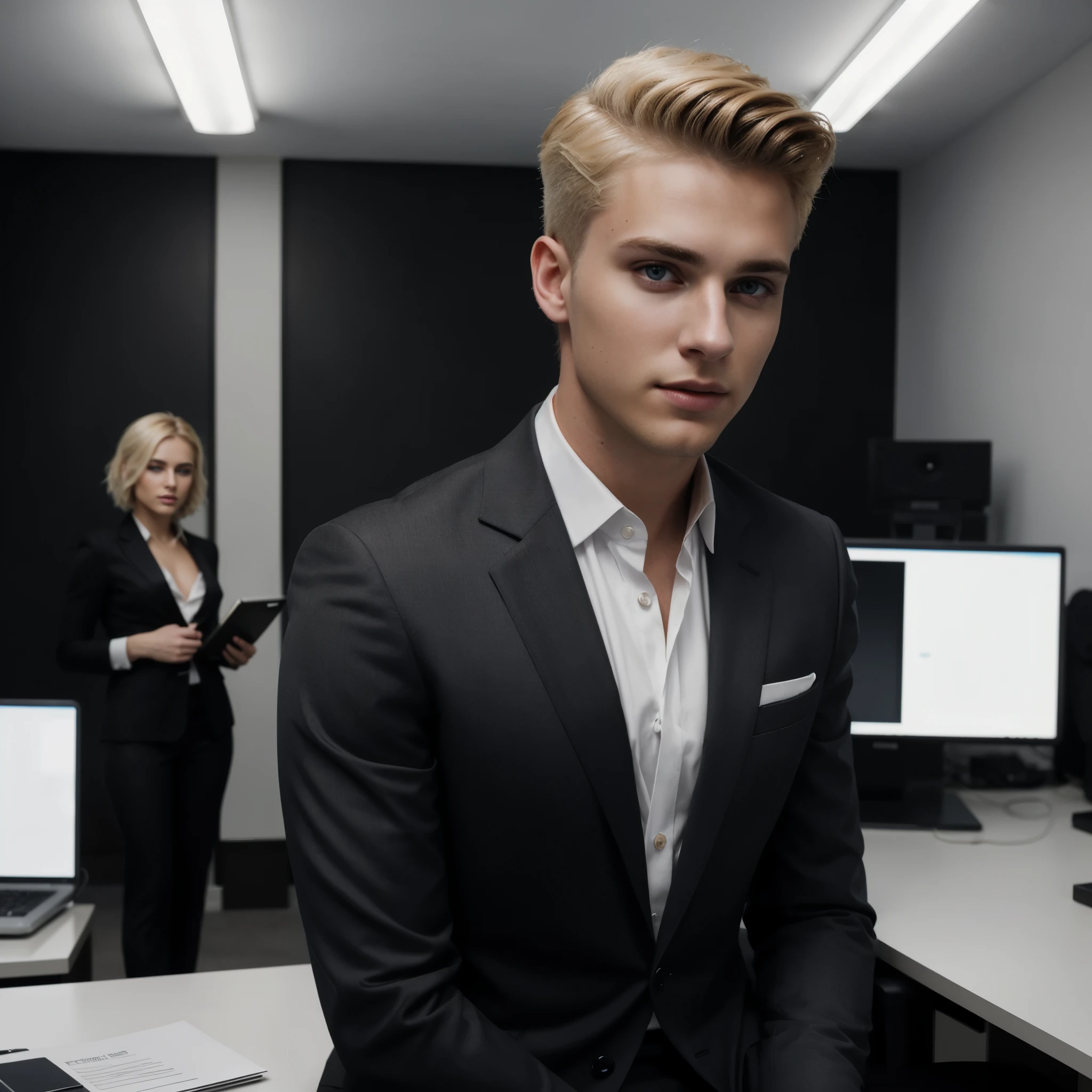 A photorealistic handsome 23-year-old man with extraordinary appearance, trendy short blonde hair, wearing a luxurious business suit, professional makeup, well-highlighted face, resembling a Hollywood actress, hacker office room background with strange lighting, resembles photo Sony 7000D, dramatic lighting, high definition, depth of field