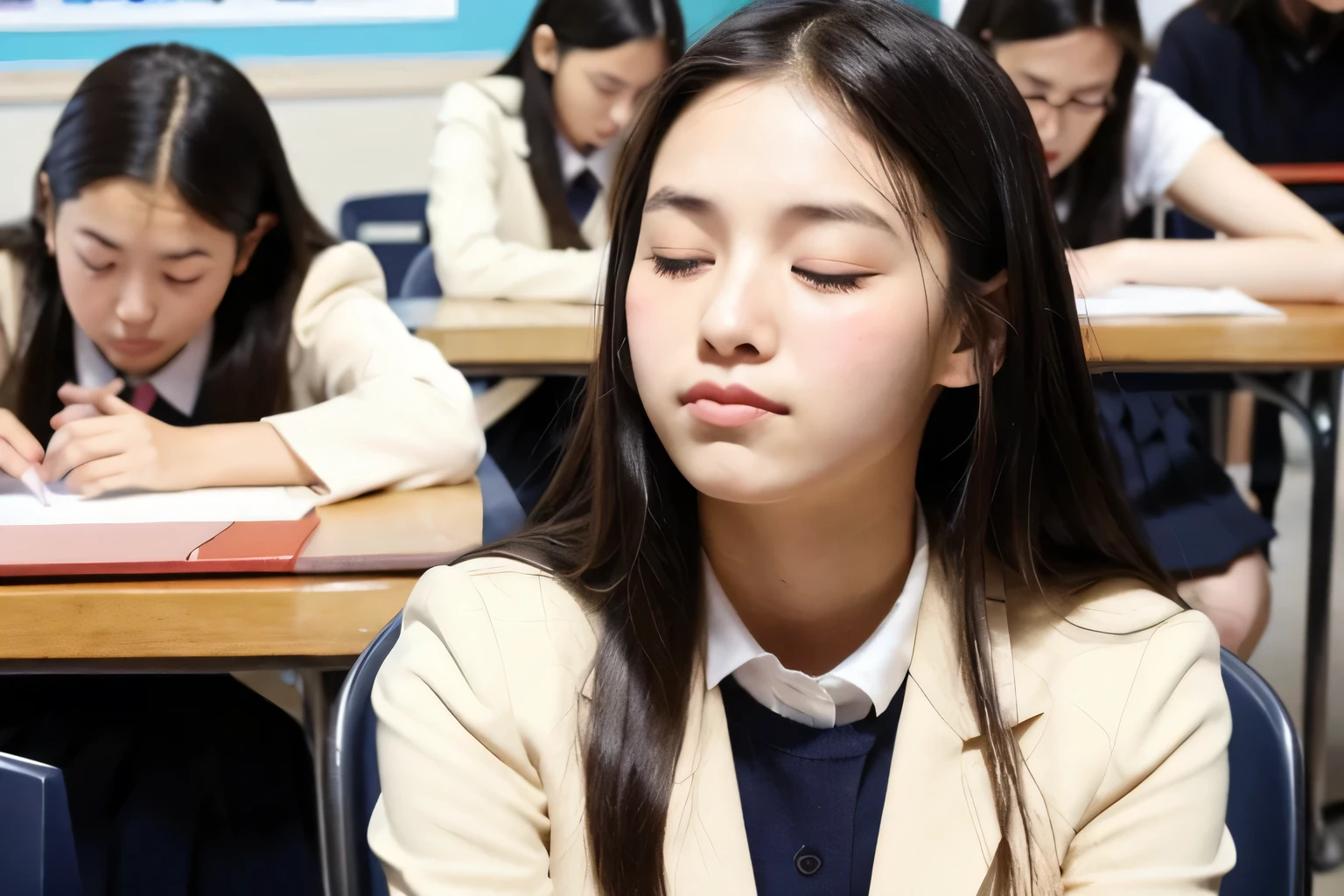 high school girl, During class, Face is up, Mouth slightly open, Sitting with eyes closed, Dozing off, Perfect Face, cute, Fair skin
