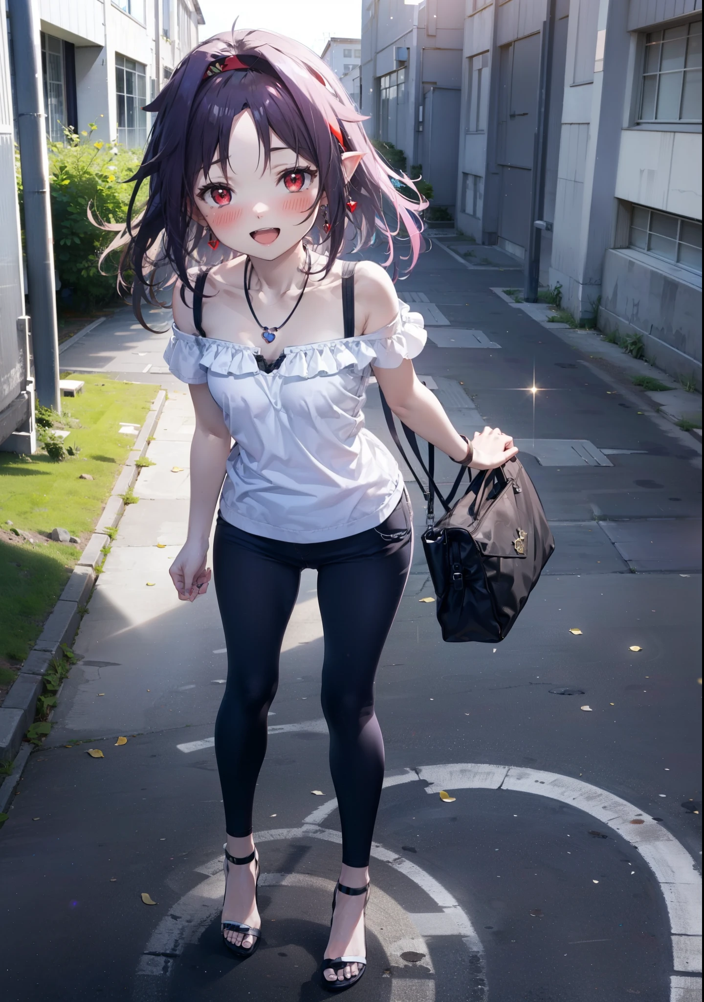 yuukikonno, Konno Yuuki, hair band, Long Hair, Pointed Ears, Purple Hair, (Red eyes:1.5), (Small breasts:1.2), blush,happy smile, smile, Open your mouth,Purple cold shoulder tops,Short sleeve,skinny pants,Stiletto heels,Heart-shaped necklace,Sunset,evening,The sun is setting,whole bodyがイラストに入るように,Looking down from above, break looking at viewer, whole body, break outdoors, School,courtyard, break (masterpiece:1.2), highest quality, High resolution, unity 8k wallpaper, (shape:0.8), (Fine and beautiful eyes:1.6), Highly detailed face, Perfect lighting, Highly detailed CG, (Perfect hands, Perfect Anatomy),