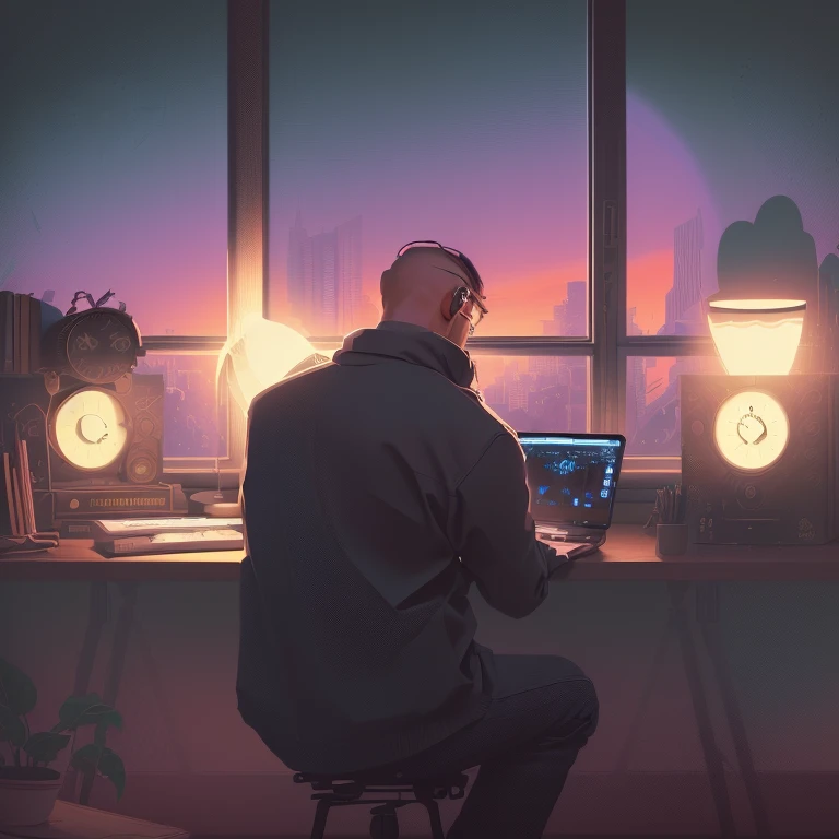 Illustration of a man sitting at a desk with a laptop and a clock, praise artstyle, Chill Hop, praise hip hop, praise art, Lo-fi illustration style, praise feel, praise vibes, Lo-fi art, praise aesthetic, Background artwork, praise portrait, praise vibe, praise, praise colors
