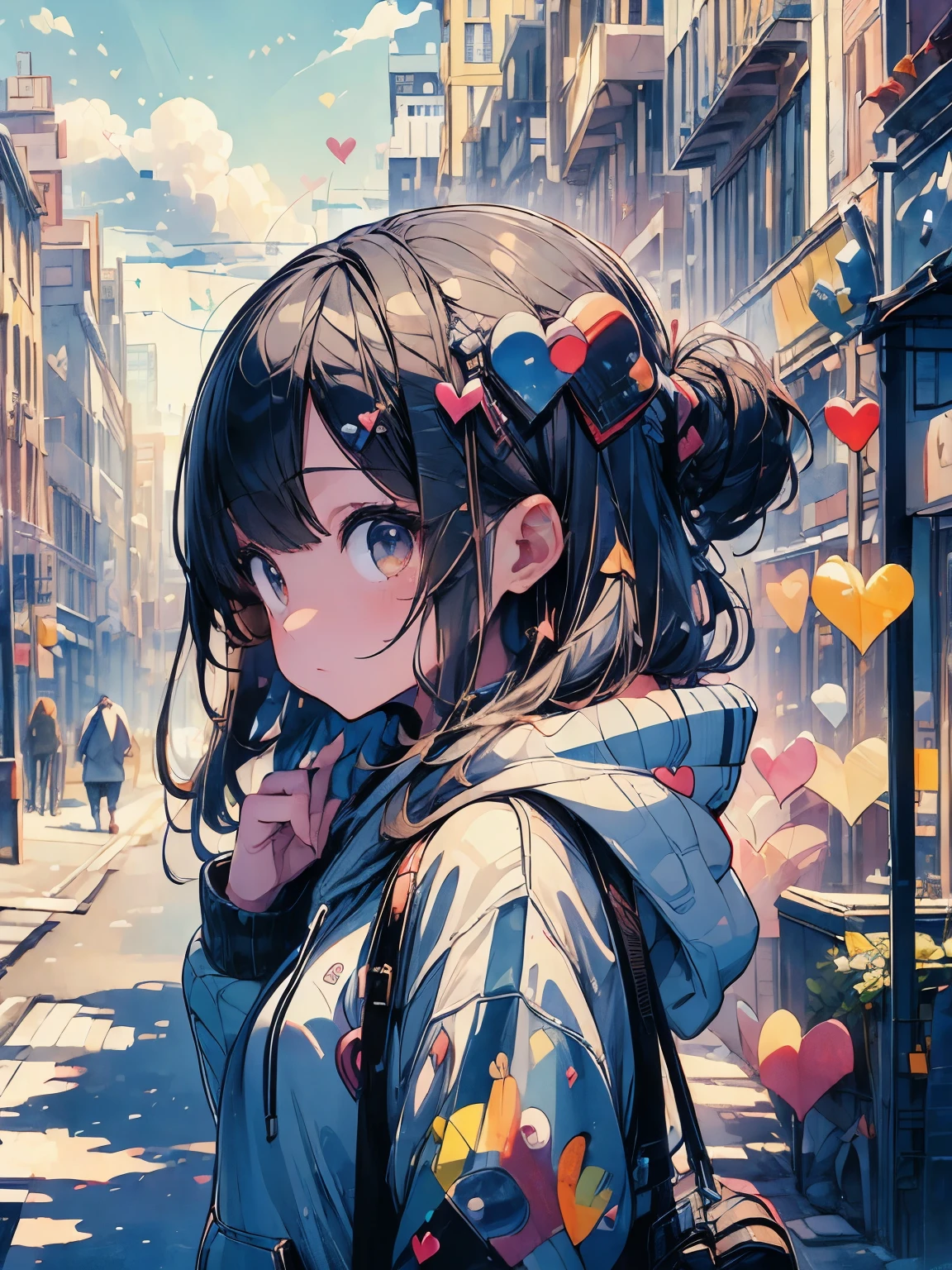 ((((masterpiece)))), highest quality, very_expensive_solve, big_file size, Full Color, Gentle expression, Heart Eyes, 1 girl, Background heart cityscape, Street Style, Oversized hoodie, Looking from the side, Looking at this, watercolor