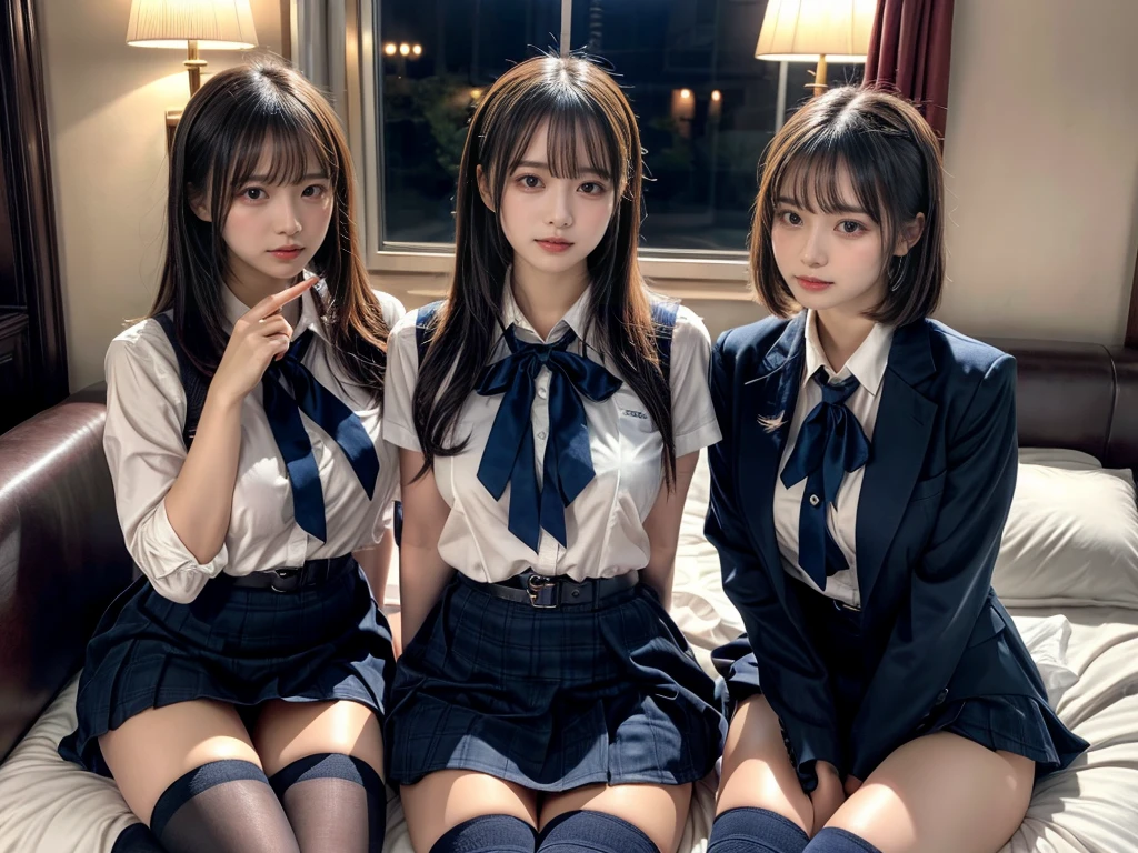 (8K, Raw photography, top-quality, masterpiece:1.2), master piece, best quality, illustration, Super detailed, fine details, High resolution, 8K,wall paper, perfect dynamic composition,(Details High quality, realistic depiction of eyes:1.3), ((2 girls, 2 girls)), The background is a luxury hotel room、High school girl uniform、blazer 、Super Short Check Uniform Skirt、Navy blue high socks、garterbelts、Colossal tits、Disturbed uniform, Play with each other,Touching each other's bodies,Touching the body of the girl next door, short bob hair, black hair color, huge breasts, Big Natural Color Lip, bold sexy pose, (perfect body shape), crying a little、cold gaze, Beautiful makeup,glitter makeup,Cutest 18 years old, beautiful legs, hposing Gravure Idol, Voluptuous thighs