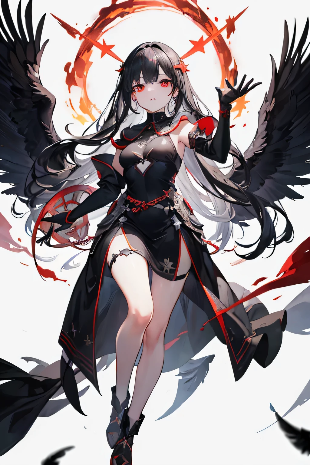 girl,Long Black Hair,masterpiece, highest quality, Super detailed, Downcast eyes,Tabletop, highest quality), (Perfect athletic body:1.2),8K High Resolution, Trend Art Station, White Background, Standing in the Wilderness,whole body、Equipped with black gauntlets、Small breasts、, As if smoke and shadows were given shape, Wings made from giant crows, Dancing crow feathers, Many glowing red eyes, Shadow Claw, Supernatural Lightning and Fire, ((Eight-pointed star symbol)), 8K High Resolution, Trend Art Station, White Background, whole body,Jet black feather dress、A whirlpool of countless crow feathers