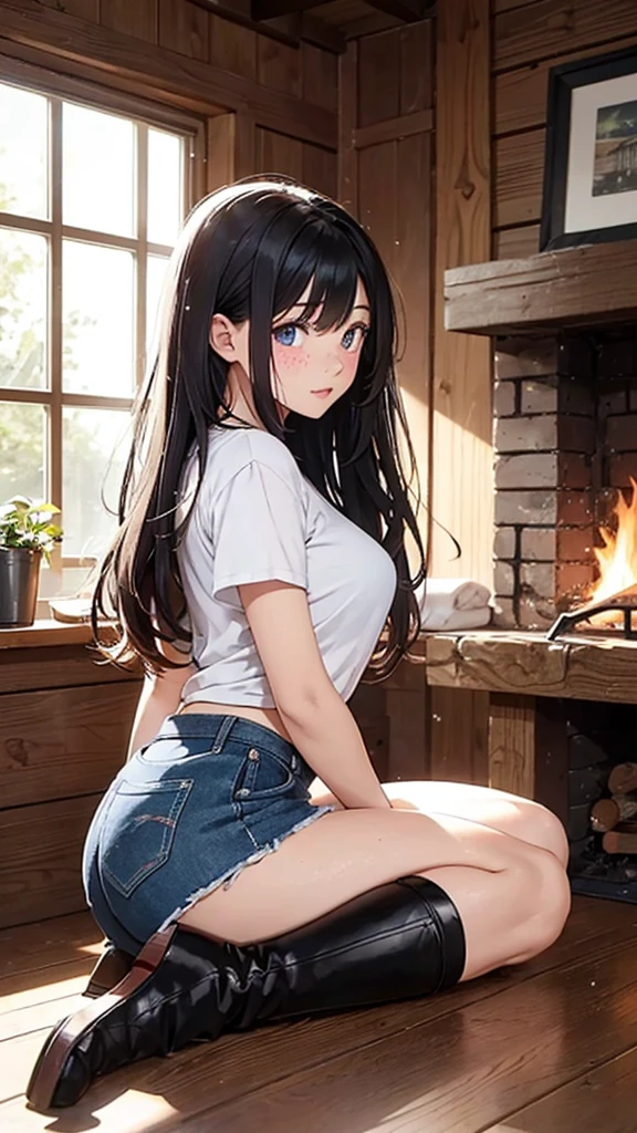 1young girl, 20yo, she has long dark wavy hair that goes down to the middle of her back, she has eyes of a charming shade of blue and thin but well-marked eyelashes, she has a but curvaceous figure with nice curves, with full lips, a slight sprinkling of freckles on her nose, fine upturned nose, she wears a very short and tight white t-shirt, very short black shorts, comfortable boots.
She is sitting on the floor of a log cabin, she is preoccupied, there is a fireplace with a fire going, a wooden table with an earthenware jug and two glasses on it.
Next to the fireplace is a wooden bed with ruffled blankets and through the window you can see the heavy snow falling from the sky.