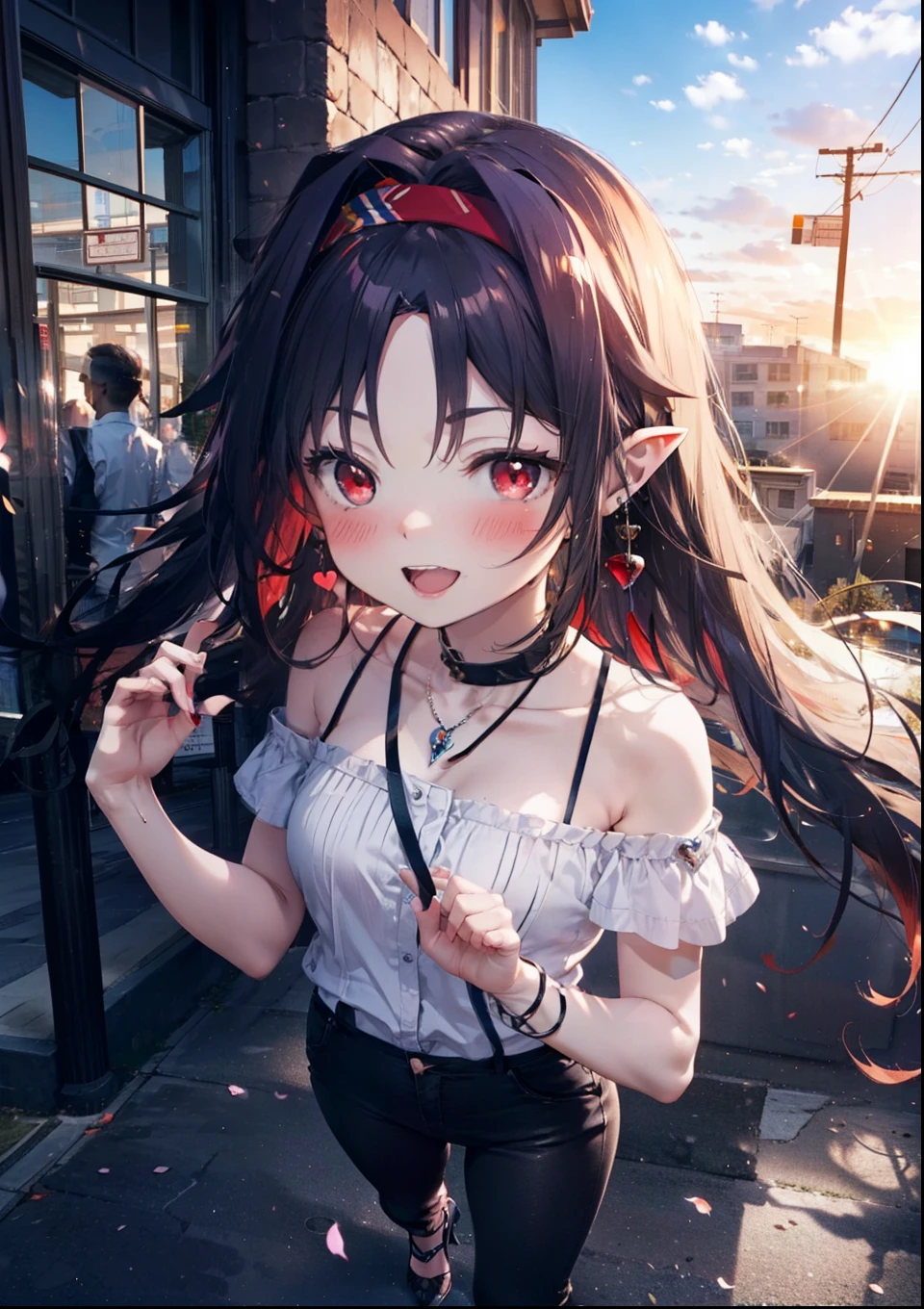 yuukikonno, Konno Yuuki, hair band, Long Hair, Pointed Ears, Purple Hair, (Red eyes:1.5), (Small breasts:1.2), blush,happy smile, smile, Open your mouth,Purple cold shoulder tops,Short sleeve,skinny pants,Stiletto heels,Heart-shaped necklace,Sunset,evening,The sun is setting,whole bodyがイラストに入るように,Looking down from above, break looking at viewer, whole body, (Cowboy Shot:1. 5),break outdoors, School,courtyard, break (masterpiece:1.2), highest quality, High resolution, unity 8k wallpaper, (shape:0.8), (Fine and beautiful eyes:1.6), Highly detailed face, Perfect lighting, Highly detailed CG, (Perfect hands, Perfect Anatomy),