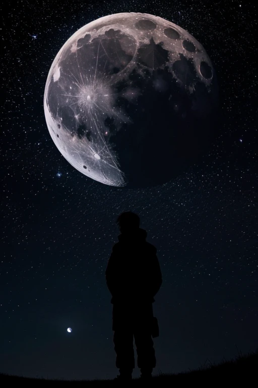 highest quality,Big moon and shadow,A silhouette of a person can be seen against the backdrop of a large moon.,There is one full moon,There is a mood,Beautiful scenery,Starry Sky