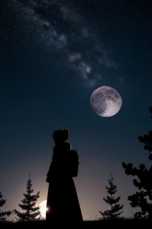 highest quality,Big moon and shadow,A silhouette of a person can be seen against the backdrop of a large moon.,There is one full moon,There is a mood,Beautiful scenery,Starry Sky