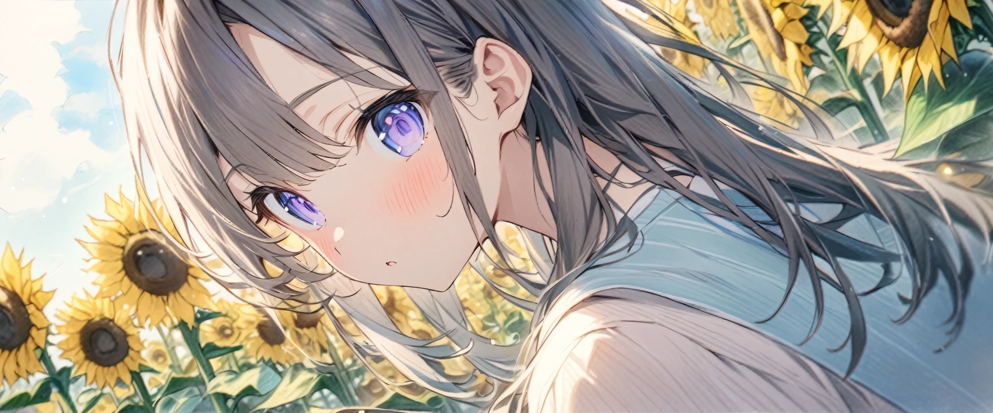 ((style:colored pencil,Pale colors)),(masterpiece:1.2),(anime),Sunflower field、Girl surrounded by sunflowers、cute、summer、Pause、Wide-angle lens