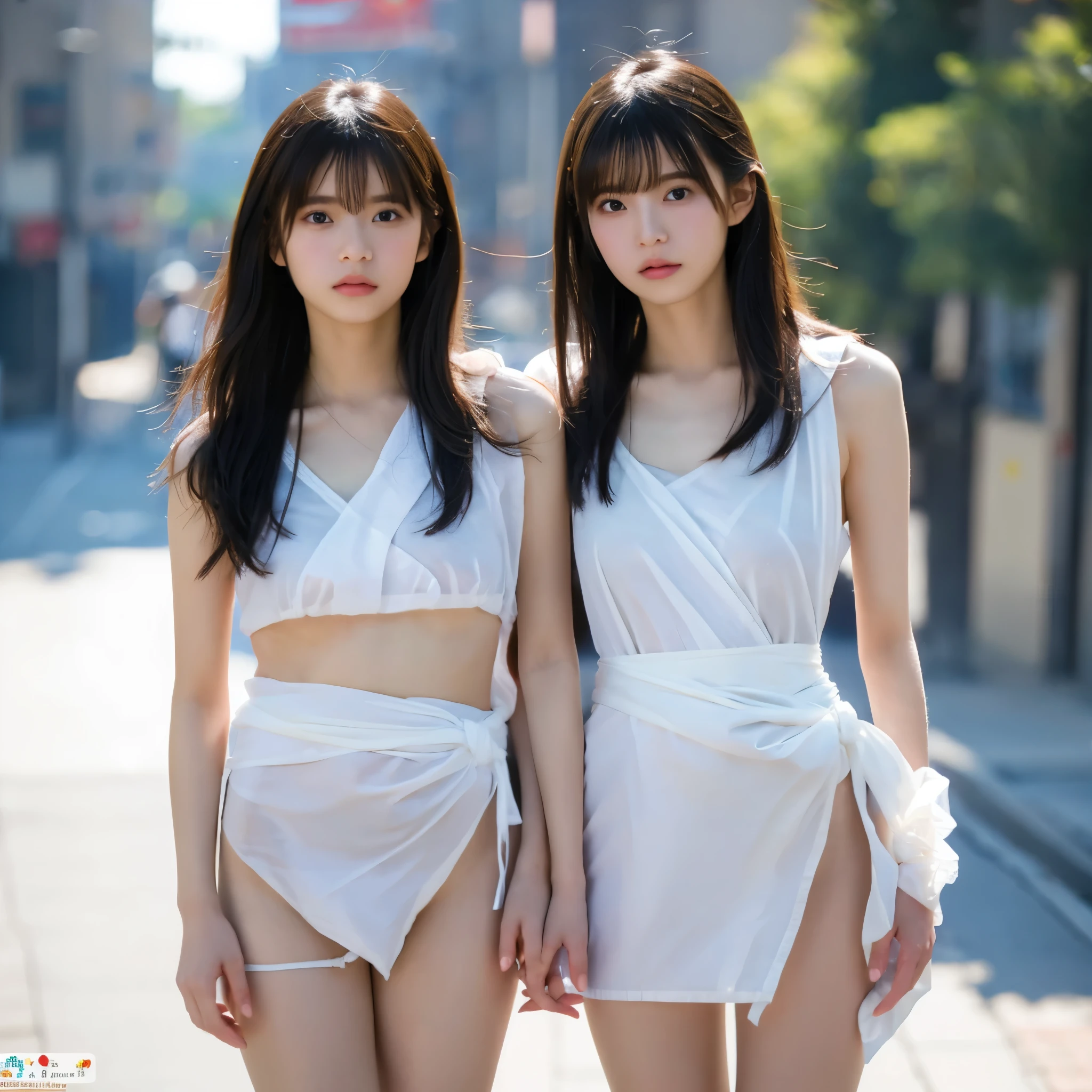 Two girls standing in front of a school classroom,White Dress,White panties、bangs,Scary short hair with low pigtails,from before,Front light,((14-year-old girl、thin、delicate、Sexy collarbones and flat chest、Very small breasty whole body was soaked、Clothes are wet and、Chest shows through