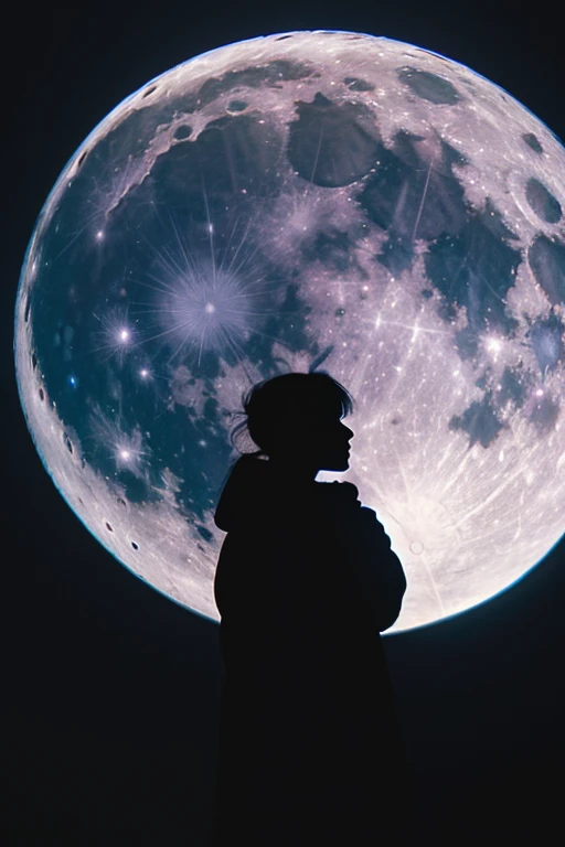 highest quality,Big moon and shadow,A silhouette of a person can be seen against the backdrop of a large moon.,There is one full moon,There is a mood,Beautiful scenery,Starry Sky